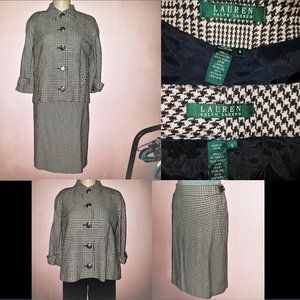 Ralph Lauren Houndstooth Plaid Suit~Skirt 6+Swing Jacket4~Black Brown White Wool